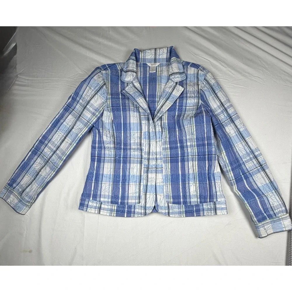 Christopher & Banks Blue Plaid Embroidered Textured Blazer Jacket Womens Small